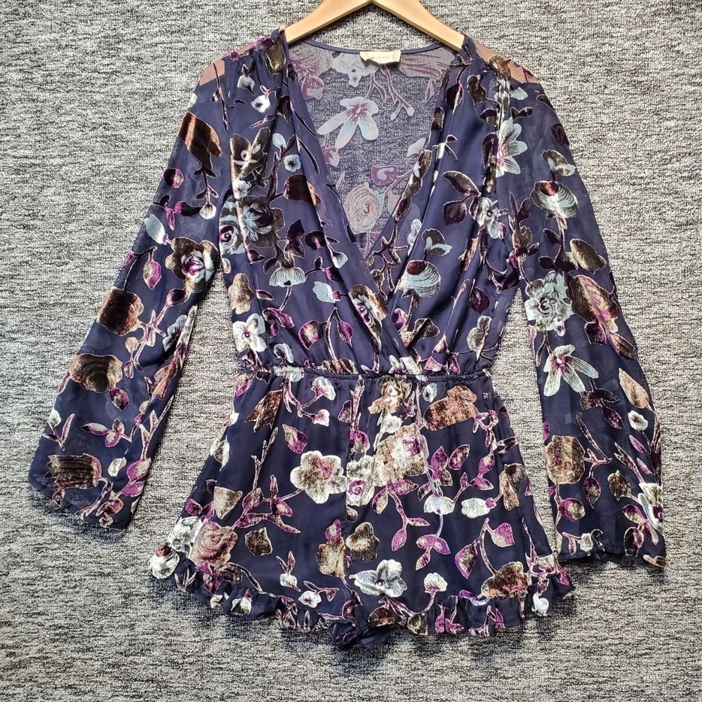 Altar'd State Velvet Burnout Floral Bell Sleeve Romper Womens S Whimsigoth Sheer